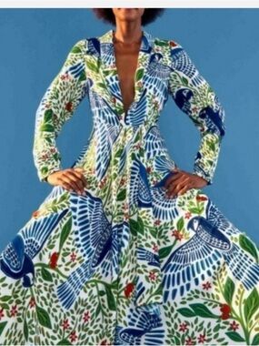 Women’s Blue & Green Bird Print Maxi Dress